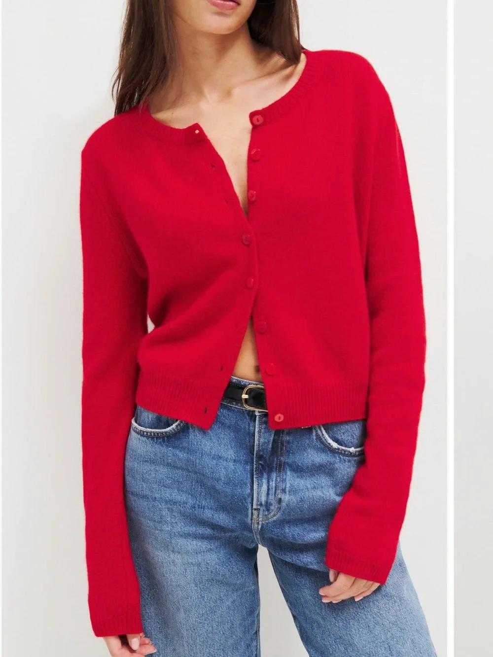 Reformation Clara Cashmere Crew Cardigan in a vibrant red color